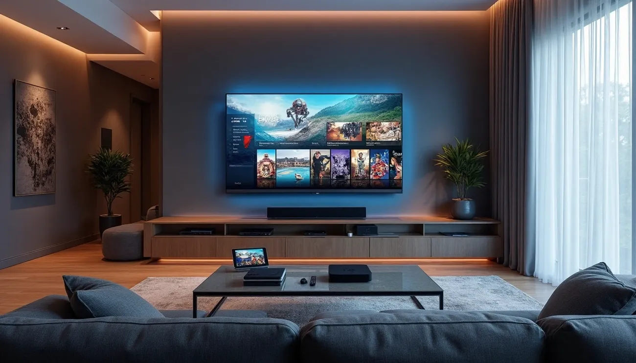 Modern living room with a large wall-mounted smart TV displaying a streaming interface and ambient lighting.