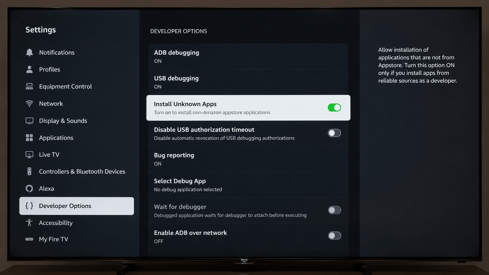 Firestick Developer Options with Install Unknown Apps turned on