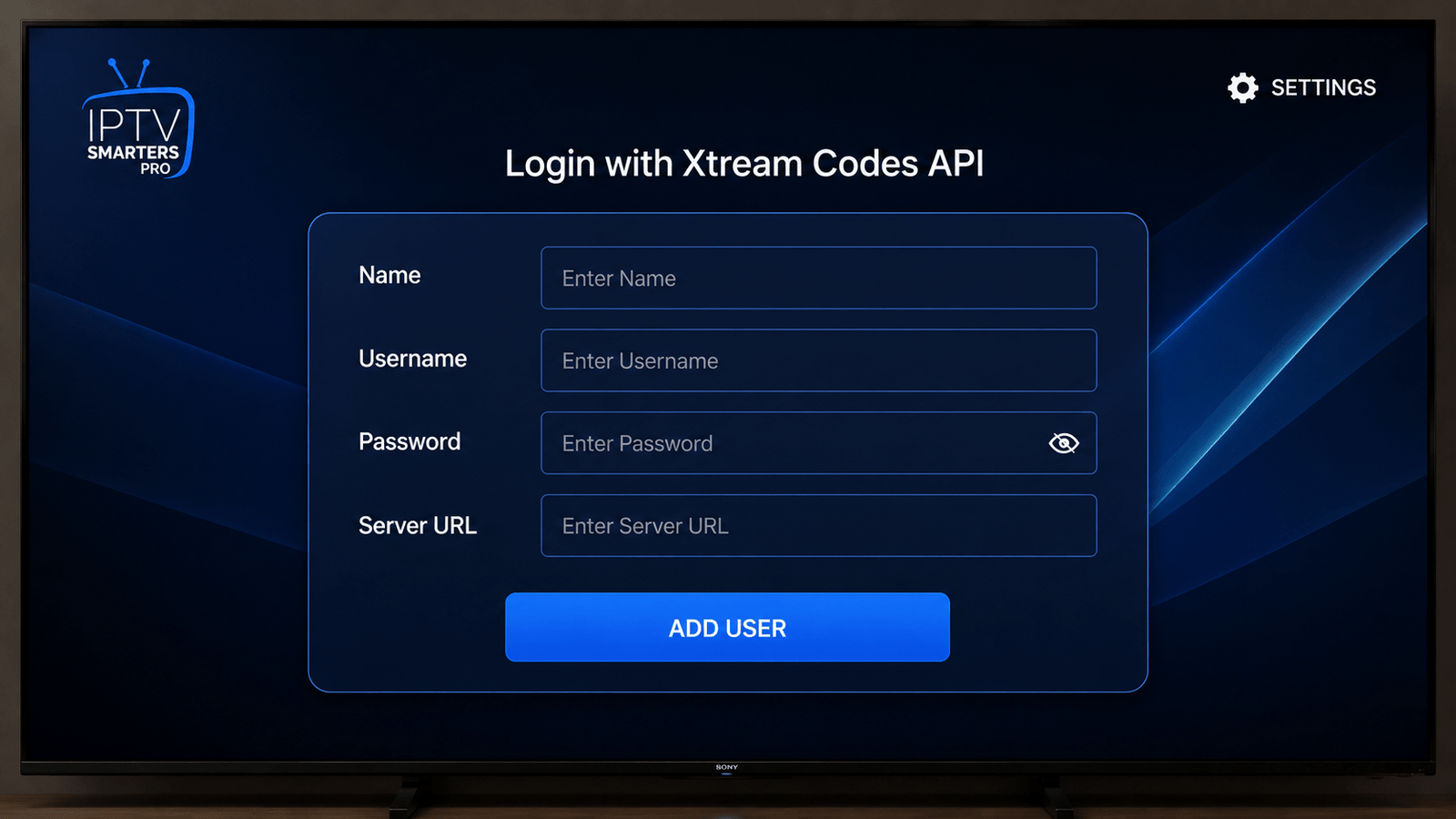 IPTV Smarters Pro Xtream Codes API login screen on Firestick