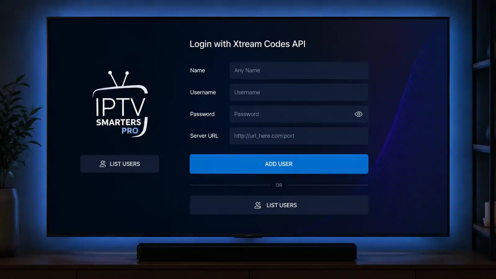 IPTV Smarters Pro for Smart TV Xtream Codes login screen
